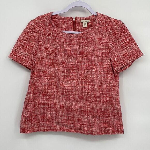 Mercer & Madison Womens Stretch Round Neck Short Sleeve Back Zip Blouse Medium - Picture 1 of 9